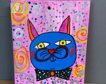 Happy Cat Jodiann Post Painting on Wood Whimsical Outsider Art Colorful