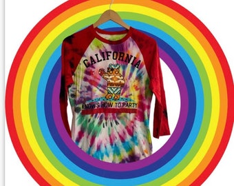 Raglan Tie Dye T Shirt California Party Bear Rainbow Adult Medium Long Sleeve