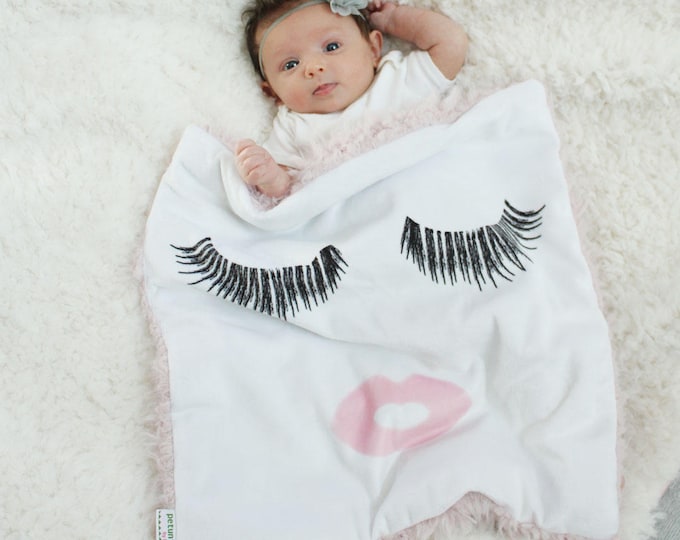 Custom Baby Blanket eyelashes and lips faux fur minky lovey baby gift cloud blanket llama newborn gift plush photo prop by PETUNIAS