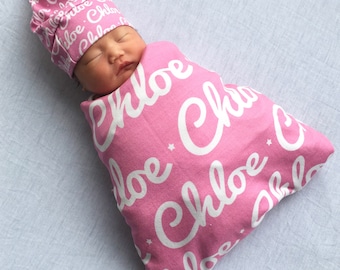 Personalized Baby Swaddle Blanket and/or Knot Hat - PETUNIAS by Kelly - organic -  personalized