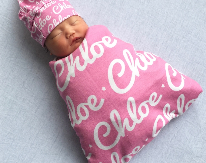 Personalized Baby Swaddle & Hat Set, Organic Newborn Blanket, Baby Shower Gift, Soft Knit Baby Essentials, Gift for Boy or Girl, Custom Baby