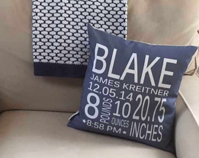 Birth Stat Pillow cover Personalized Grey coral modern hipster accessory home decor nursery newborn baby gift zipper canvas custom order
