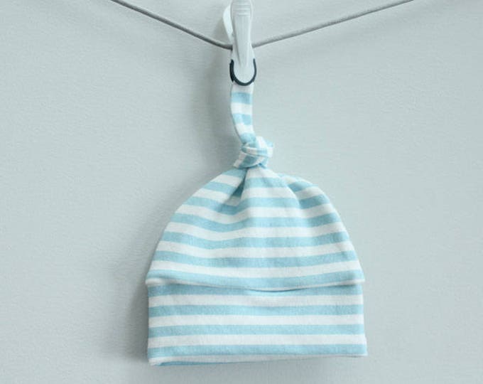 Baby Hat blue white stripe Organic knot PETUNIAS modern newborn baby shower gift photo prop hospital outfit accessory