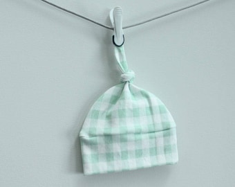 Baby Hat mint buffalo check plaid Organic knot PETUNIAS modern newborn baby shower gift photo prop hospital outfit accessory