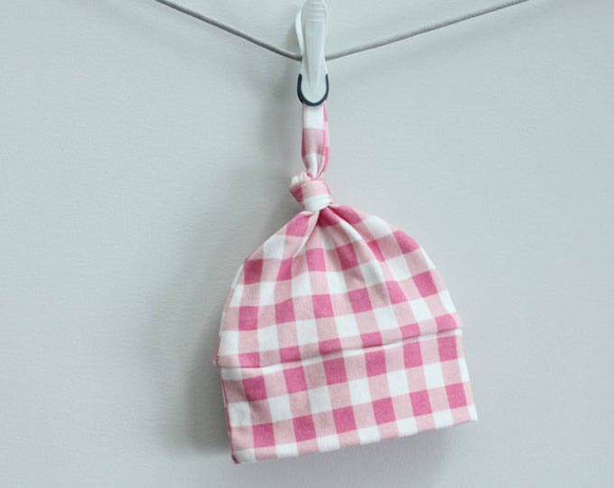 Baby Hat pink buffalo check plaid Organic knot PETUNIAS modern newborn baby shower gift photo prop hospital outfit accessory