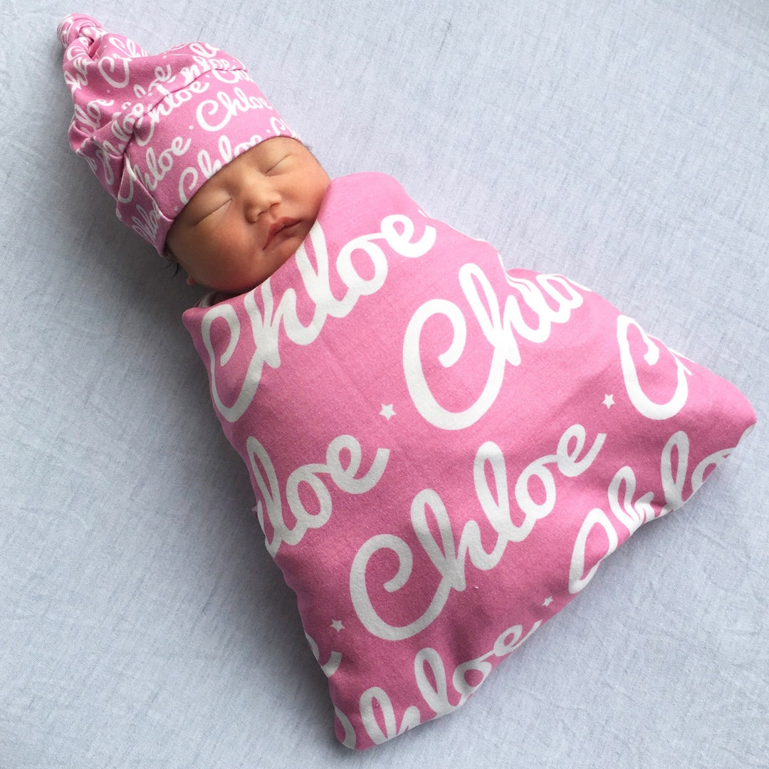 Personalized Baby Swaddle Blanket And/or Knot Hat PETUNIAS by Kelly