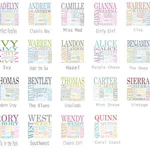 Puede incluir: Un conjunto de 12 impresiones de arte de palabras coloridas con diferentes nombres, cada uno con un esquema de color y un dise&ntilde;o &uacute;nicos. Los nombres incluyen Madelyn, Andrew, Camille, Gianna, Warren, Ivy, Landon, Alice, Benjamin, Thomas, Bentley, Carter, Sierra, Rory, West, Wendy y Quinn. Cada impresi&oacute;n tiene un t&iacute;tulo debajo, como "Perfect Purples", "Classic Boy", "Miss Mod", "Girly Girl", "Clay", "Ivy", "Under the Sea", "Hazel", "Purple Chase", "The Deep", "Modern Gray", "The Blues", "Grasslands", "Mint Dream", "Vintage", "Walk in the Park", "Southwest", "Classic Girl", "Coral Coast".