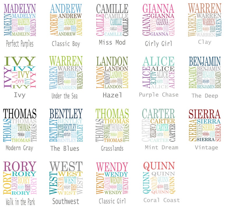 Puede incluir: Un conjunto de 12 impresiones de arte de palabras coloridas con diferentes nombres, cada uno con un esquema de color y un dise&ntilde;o &uacute;nicos. Los nombres incluyen Madelyn, Andrew, Camille, Gianna, Warren, Ivy, Landon, Alice, Benjamin, Thomas, Bentley, Carter, Sierra, Rory, West, Wendy y Quinn. Cada impresi&oacute;n tiene un t&iacute;tulo debajo, como "Perfect Purples", "Classic Boy", "Miss Mod", "Girly Girl", "Clay", "Ivy", "Under the Sea", "Hazel", "Purple Chase", "The Deep", "Modern Gray", "The Blues", "Grasslands", "Mint Dream", "Vintage", "Walk in the Park", "Southwest", "Classic Girl", "Coral Coast".