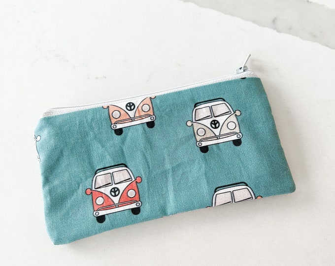 Mini zipper pouch - PETUNIAS by Kelly - Indie Designer Fabric Series - surf vw bus