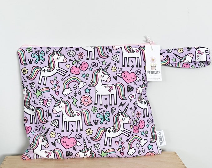 The ICKY Bag - wetbag - PETUNIAS by Kelly - Indie Designer Fabric Series - purple pop unicorn