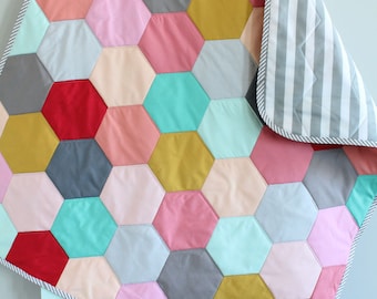 SALE Baby QUILT hexagon modern hipster by PETUNIAS heirloom vintge style blanket nursery decor vintage newborn shower gift room crib bedding