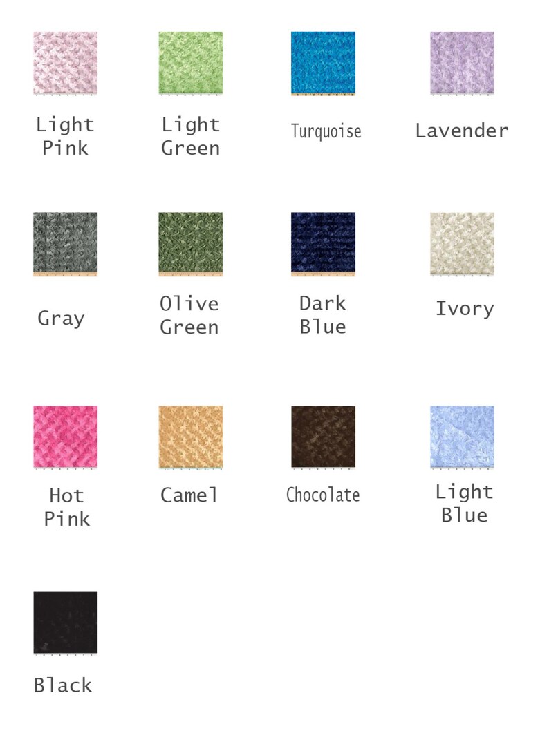 Peut inclure: Un nuancier pr&eacute;sentant 12 &eacute;chantillons de tissu de diff&eacute;rentes couleurs, notamment rose clair, vert clair, turquoise, lavande, gris, vert olive, bleu fonc&eacute;, ivoire, rose vif, camel, chocolat, bleu clair et noir.