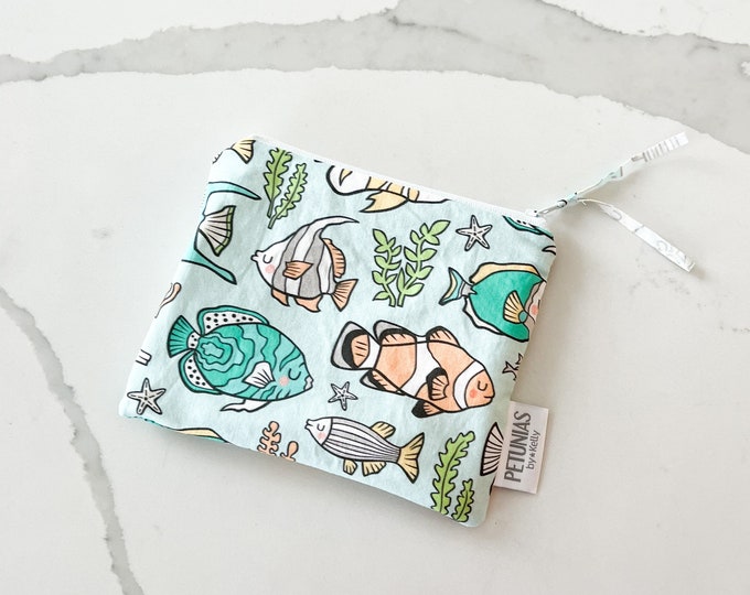 The ICKY Bag mini pouch - wetbag - PETUNIAS by Kelly - Indie Designer Fabric Series - blue fish