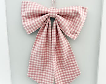 Bow | Large Gingham Fabric Bow | Decorative Hanging Wall Decor | Rose Pink Gingham Fabric