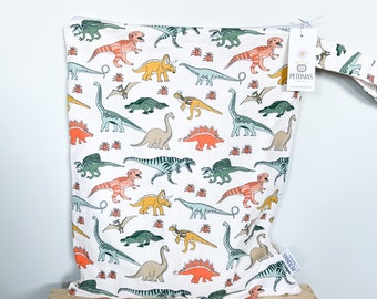 The ICKY Bag XL - wetbag - PETUNIAS by Kelly -  Indie Designer Fabric Series - teal dinosaurs