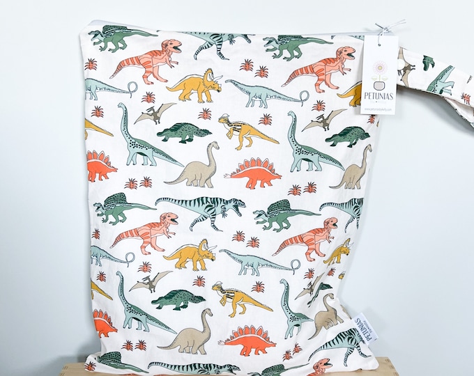 The ICKY Bag XL - wetbag - PETUNIAS by Kelly -  Indie Designer Fabric Series - teal dinosaurs