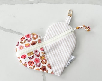 Heart Zipper Pouch, Floral Travel Bag, Purse Organizer