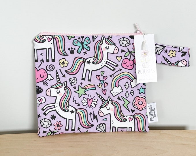 The ICKY Bag petite - wetbag - PETUNIAS by Kelly - Indie Designer Fabric Series - purple pop unicorn