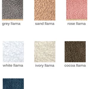 May include: Six different faux fur fabric swatches in various colours, including grey, sand, rose, white, ivory, and cocoa. The swatches are labelled with the colour and the word "llama".