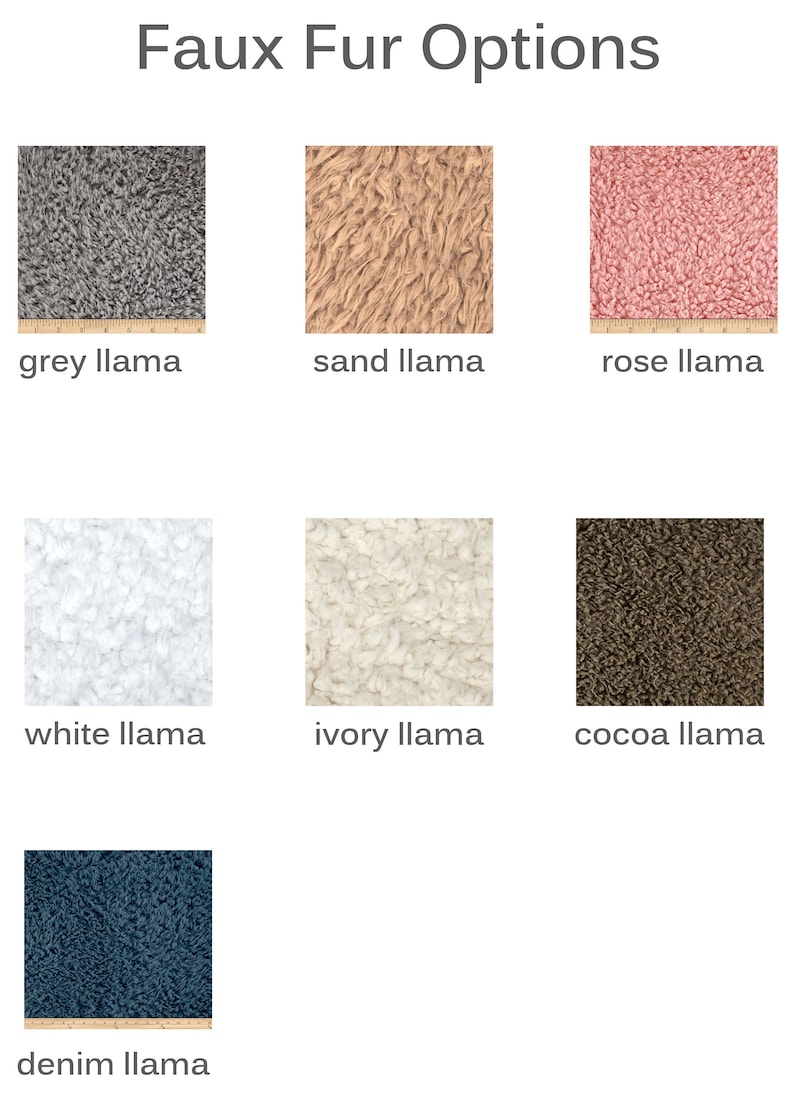 May include: Six different faux fur fabric swatches in various colours, including grey, sand, rose, white, ivory, and cocoa. The swatches are labelled with the colour and the word "llama".
