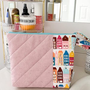 Quilted Cosmetic Bag | Puff Makeup Bag | Large Toiletry Pouch | Gift for Her | Waterproof Zipper Bag | Everyday Organizer Bag | Mauve Linen