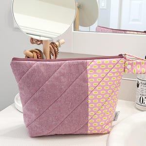 Quilted Cosmetic Bag | Puff Makeup Bag | Large Toiletry Pouch | Gift for Her | Waterproof Zipper Bag | Everyday Organizer Bag | Mauve Linen