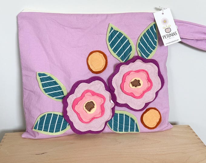 Medium Wet Bag | Reusable Wetbag for Diapers, Travel, Swim, Gym, Makeup, or Toiletries | Eco-Friendly Storage by PETUNIAS | Flower Applique