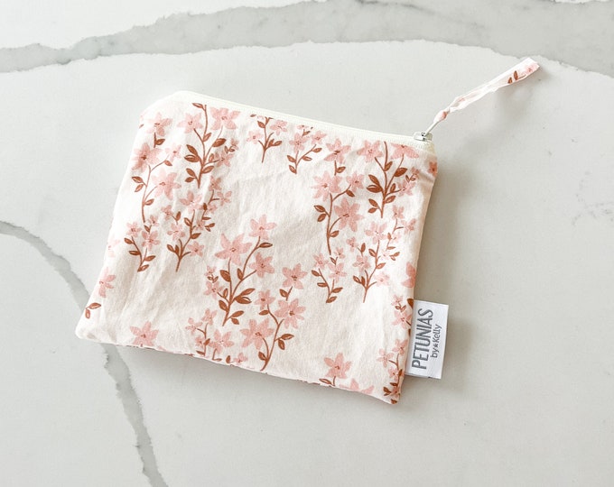 The ICKY Bag mini pouch - wetbag - PETUNIAS by Kelly - Indie Designer Fabric Series - ivory blush floral stems