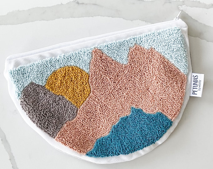 Clutch zipper pouch - punch needle - PETUNIAS by Kelly SALE