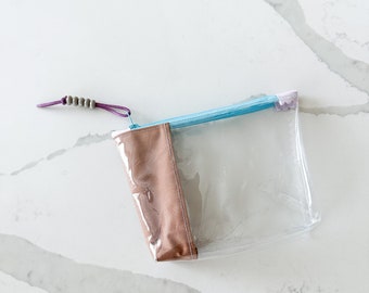 Colorful Fabric Trim Clear Pouch | Handmade Vinyl Zipper Bag for Travel, Office, and School Essentials | Small Bag