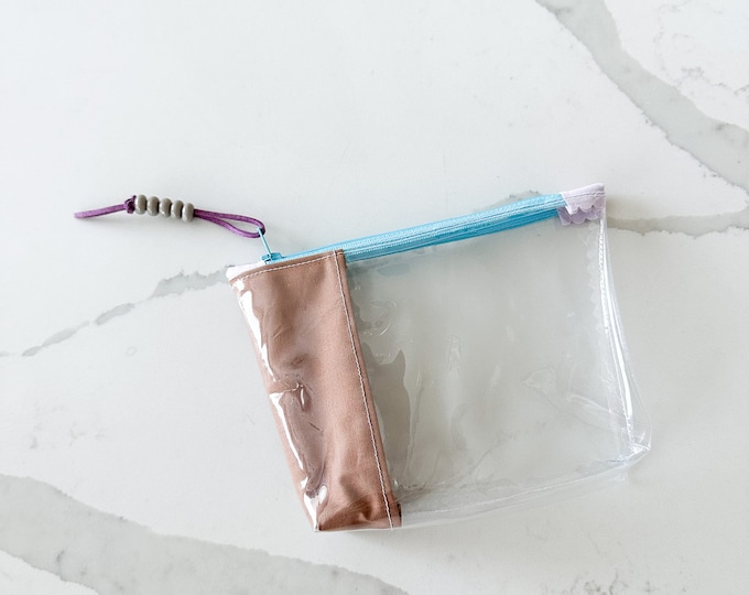 Colorful Fabric Trim Clear Pouch | Handmade Vinyl Zipper Bag for Travel, Office, and School Essentials | Small Bag