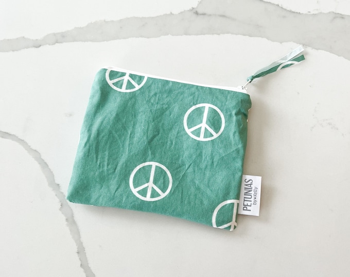 The ICKY Bag mini pouch - wetbag - PETUNIAS by Kelly - Indie Designer Fabric Series - aqua peace sign