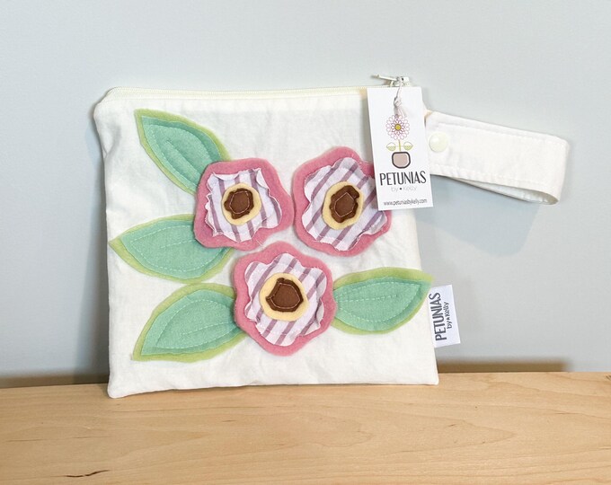 Small Wet Bag for Everyday | Reusable Wetbag for Cloth Diapers, Travel, Swim, Makeup & Toiletries | Eco-Friendly Storage | Flower Applique