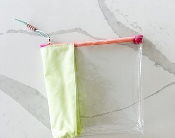 Clear Zipper Pouch with Fabric Pop | Durable and Stylish Transparent Bag for Beauty, Office, and Accessories | Large Bag
