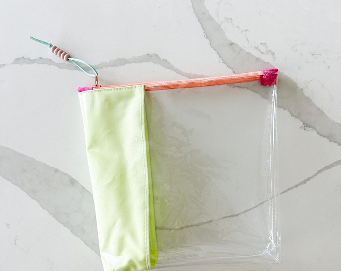 Clear Zipper Pouch with Fabric Pop | Durable and Stylish Transparent Bag for Beauty, Office, and Accessories | Large Bag