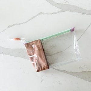 Colorful Fabric Trim Clear Pouch | Handmade Vinyl Zipper Bag for Travel, Office, and School Essentials | Medium Bag