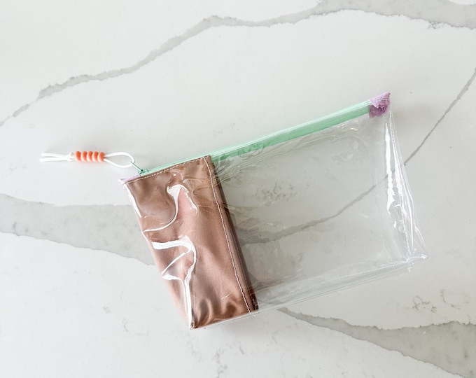 Colorful Fabric Trim Clear Pouch | Handmade Vinyl Zipper Bag for Travel, Office, and School Essentials | Medium Bag