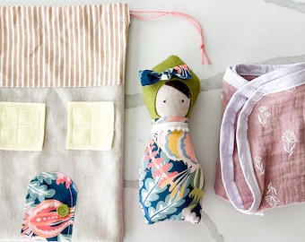 Liberty of London Mini Baby Doll Set: Handmade Toy with Swaddle Blanket