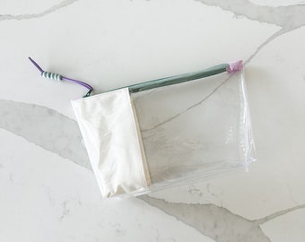 Handmade Clear Vinyl Zipper Pouch | Trendy Organizer with Colorful Fabric for Makeup, Tech, and Crafts | Medium Bag