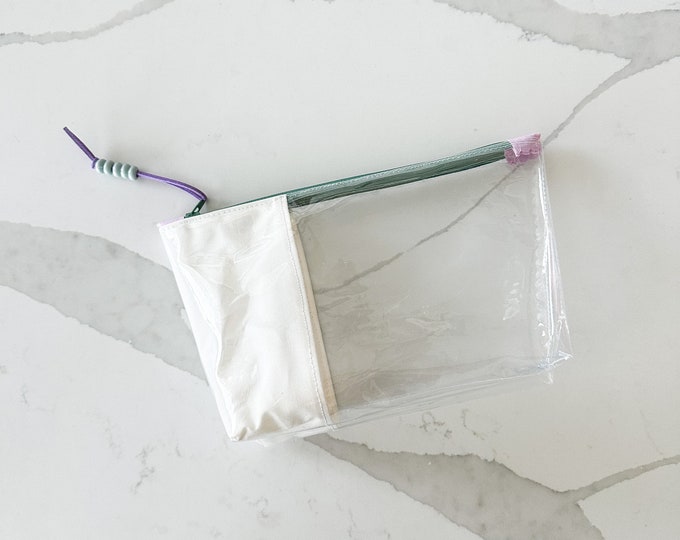 Handmade Clear Vinyl Zipper Pouch | Trendy Organizer with Colorful Fabric for Makeup, Tech, and Crafts | Medium Bag