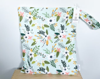 Extra Large Wet Bag | XL Wetbag for Cloth Diapers, Swim Gear, Travel, or Gym | The Icky Bag XL by PETUNIAS | Mint Floral Fabric