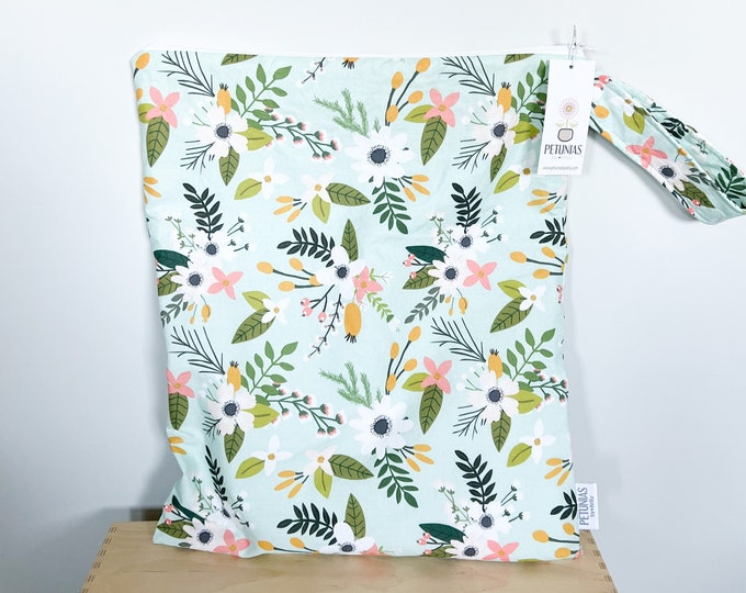 The ICKY Bag XL - wetbag - PETUNIAS by Kelly -  Indie Designer Fabric Series - mint floral sprigs