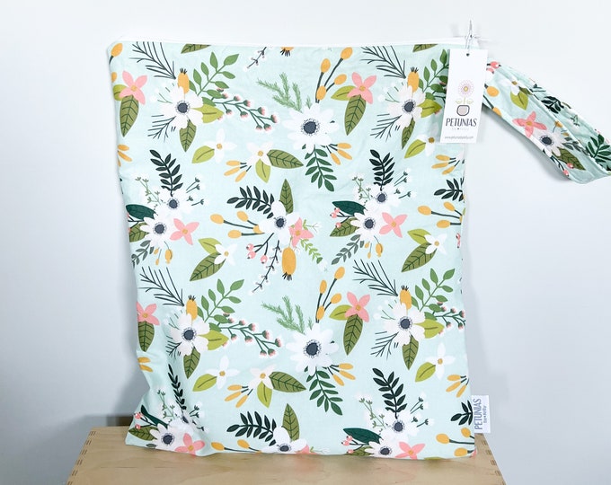 Extra Large Wet Bag | XL Wetbag for Cloth Diapers, Swim Gear, Travel, or Gym | The Icky Bag XL by PETUNIAS | Mint Floral Fabric