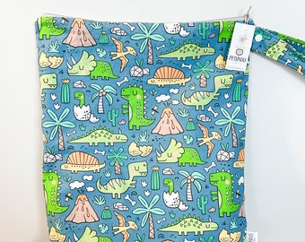 The ICKY Bag XL - wetbag - PETUNIAS by Kelly -  Indie Designer Fabric Series - teal dinosaur land