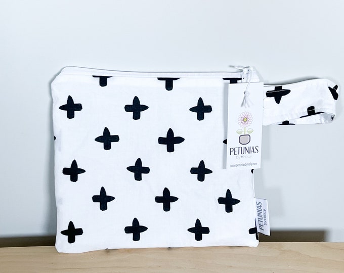 The ICKY Bag petite - wetbag - PETUNIAS by Kelly - Indie Designer Fabric Series - black and white cross