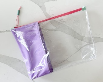 Clear Vinyl Zipper Pouch with Colorful Fabric Accents | Handmade Organizer for Travel, School, and Everyday Essentials | Extra Large Bag