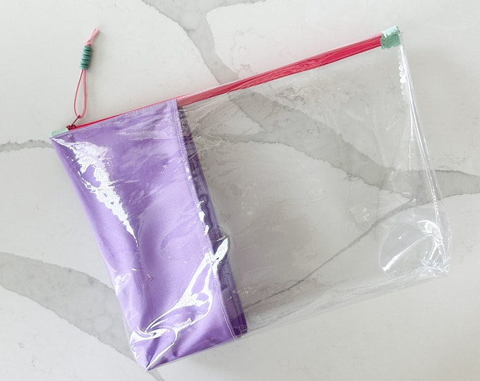 Clear Vinyl Zipper Pouch with Colorful Fabric Accents | Handmade Organizer for Travel, School, and Everyday Essentials | Extra Large Bag