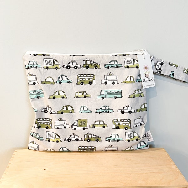 The ICKY Bag - wetbag - PETUNIAS by Kelly - Indie Designer Fabric Series - grey olive automobiles