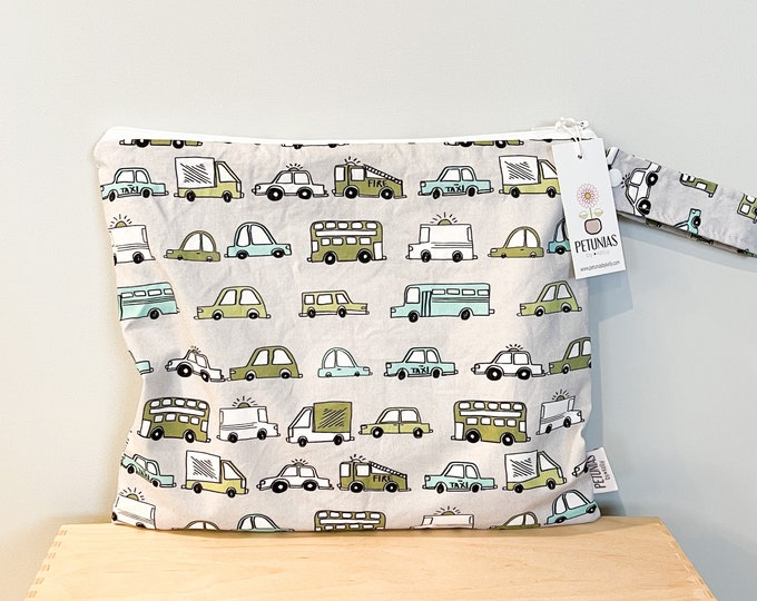 The ICKY Bag - wetbag - PETUNIAS by Kelly - Indie Designer Fabric Series - grey olive automobiles