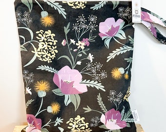 The ICKY Bag XL - wetbag - PETUNIAS by Kelly -  Indie Designer Fabric Series - grey purple floral sprigs